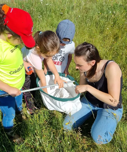 Mérine et trois enfants observant une capture dans un filet